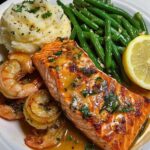 Lemon Butter Salmon & Shrimp with Garlic Mashed Potatoes & Sautéed Green Beans