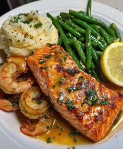 Lemon Butter Salmon & Shrimp with Garlic Mashed Potatoes & Sautéed Green Beans